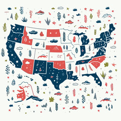 United States map pattern, background, hand-drawn cartoon flat art Illustrations in minimalist vector style