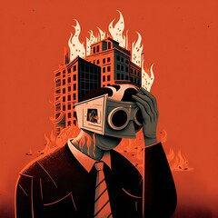 politicians with blindfolds on taking bribes whilst the city burns in the style of the new yorker housing buildings waste 