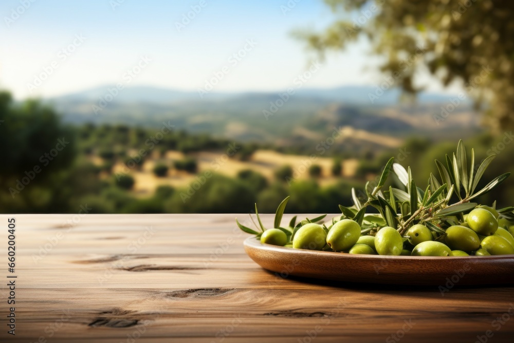 Wall mural green olives during harvest. background with selective focus and copy space