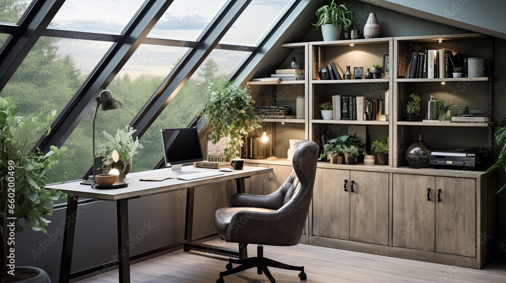 Poster bright office with a computer on the table