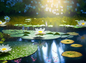美しい池に咲く蓮の花
 - obrazy, fototapety, plakaty