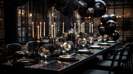A festively laid table decorated in modern black