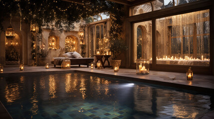 a pool at night with candles. spa and relaxation concept - obrazy, fototapety, plakaty