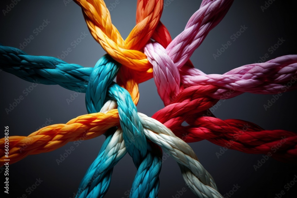 Poster different ropes are woven into a knot. teamwork concept. background with selective focus and copy sp