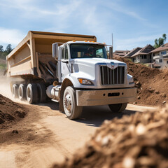 dump truck emptying earth at construction site.