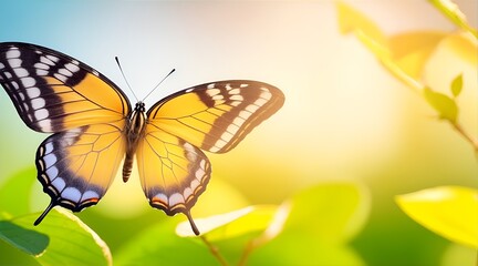 Fototapeta premium Macro of beautiful butterfly flying near spring leaves in fall season at sunrise on light background. Banner
