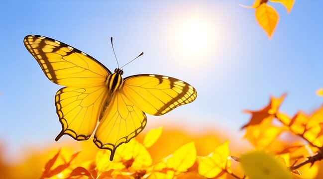 Macro of beautiful butterfly flying near autumn yellow leaves in fall season at sunrise on light background. Banner