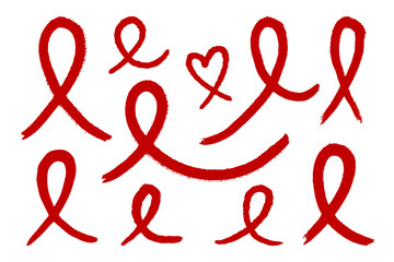 Big set of red ribbons. World AIDS Day. Vector illustration isolated on a white background.