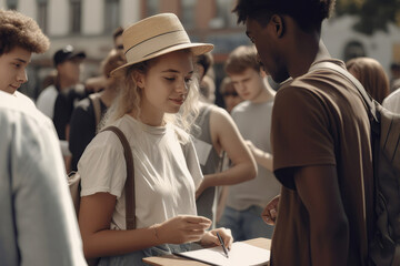 Young woman gathers signatures at a street fair