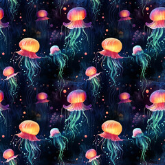 seamless pattern of glowing multicolored jellyfish on a dark water background