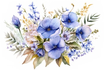 watercolor illustration of a floral bouquet of blue wildflowers and leaves on a white background - obrazy, fototapety, plakaty