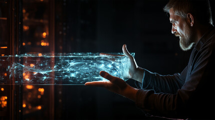 the scientist holds a unique technology: a neon ethereal substance. concept of technology management and artificial intelligence.