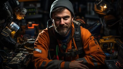 A mechanic working inside of spaceship