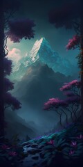 a vast himalayan mountain seen from deep within a rhododendron forest in the valley beautiful foliage and flowers dark forest misty vignette hyperdetailed beautifully lit 8k  - obrazy, fototapety, plakaty