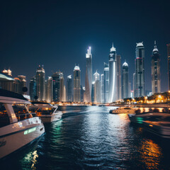 dubai cityscape at night from harbor.