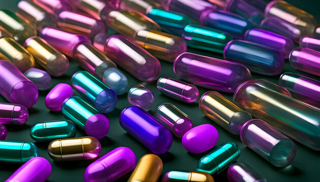  Medical capsule bottles isolated on transparent background and set of scattered capsules on white background.