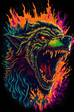 snarling wolf head stoner rock psychedelic 70s exploitation film purple orange green black 