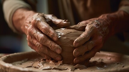 Naklejka premium hands of a person making pitcher with clay 