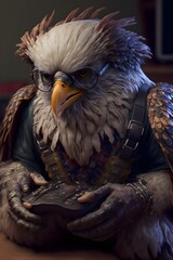 a humanoid eagle as a geek playing video games 8k ultra realistic 