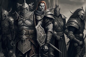 wideangle view portrait of a high level diversified group of dd adventurers on a quest to find a powerful magical artifact forced perspective a group of marauding orc paladins1 in fullplate armor2  - obrazy, fototapety, plakaty