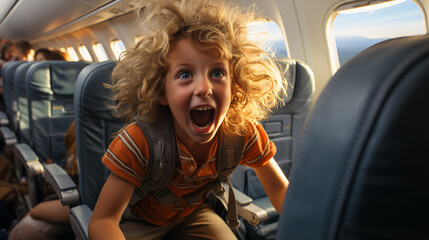 Irate Child Causing Mayhem On An Airplane Bothering Everyone On Board. Generative AI.