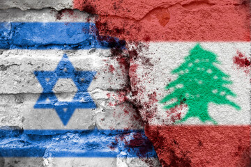 Israel and Lebanon. Gaza. Global war. Israeli and Lebanese flags on a brick wall with blood splatters. International conflict and the fight against terrorism. Arab countries.