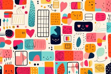 patchwork quirky doodle pattern, wallpaper, background, cartoon, vector, whimsical Illustration