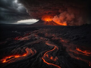 a volcanic realm with lava rivers, dark skies