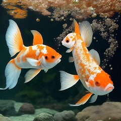 Goldfish and albinos in an aquarium with blue background