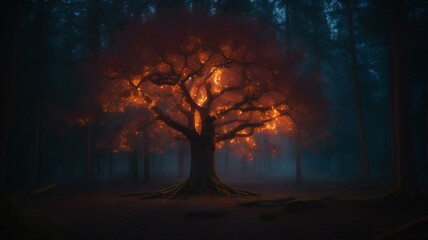 Burning Tree in the Night Forest