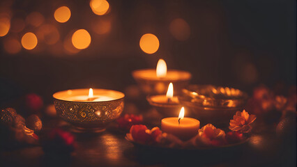 Burning candles with flowers on dark background. Selective focus.