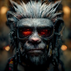 Badass Troll Chief with Charcoal Scarlett skin and short whiskers dripping clear glossy slim sythncore background cryptopunk Teeth big biopunk eyes unreal engine 5 octane render hyper realistic 