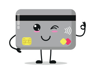 Cute happy credit card character. Funny smiling and wink economy cartoon emoticon in flat style. closet vector illustration