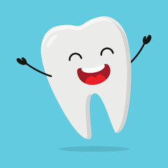 Cute happy tooth character. Funny victory jump celebration teeth cartoon emoticon in flat style. closet vector illustration