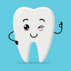 Cute happy tooth character. Funny smiling and wink teeth cartoon emoticon in flat style. closet vector illustration