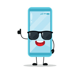 Cute happy smartphone character wear sunglasses. Funny mobile phone greet friend cartoon emoticon in flat style. closet vector illustration