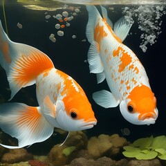 Red Blood Parrot Cichlid in aquarium plant green background. Funny orange colourful fish