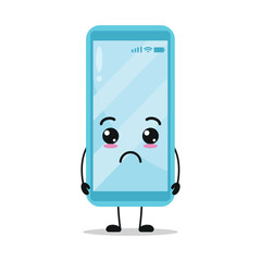 Cute sad smartphone character. Funny unhappy mobile phone cartoon emoticon in flat style. closet vector illustration