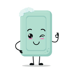 Cute happy soap character. Funny smiling and wink bath cartoon emoticon in flat style. closet vector illustration