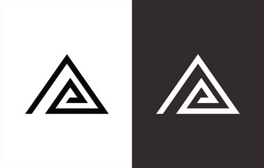 logo monogram bentuk segitiga yang membentuk huruf "A" dan "P". latar belakang hitam dan putih.