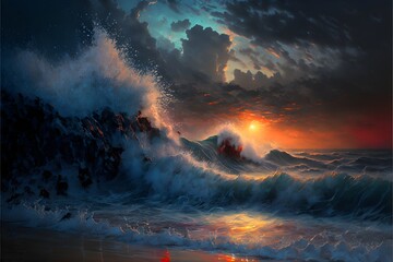 stormy night beach ocean waves oil paint detailed 