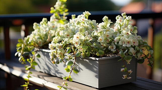 gray plastic planter overflowing with blooming freesias flowers on a balcony