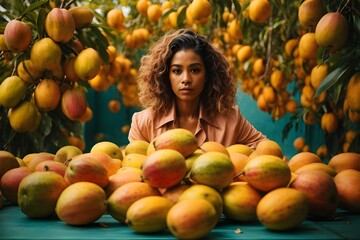 Fototapeta na wymiar Mango Vending/Selling Women with Lot of mangoes infront and back - Young adult woman with long hair in a lifestyle portrait holding a citrus fruit.