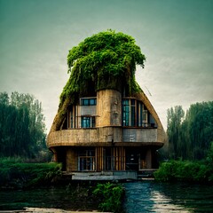 organic house ecofriedly willow tree river building three stories classic memorable concrete moulding square columns wood lattice stone road neon three floors  - obrazy, fototapety, plakaty