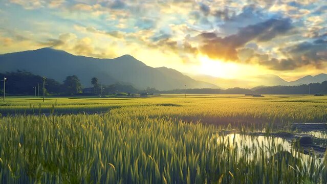 Landscape view of rice field at beautiful golden hour sunrise. Looping 4k video background.