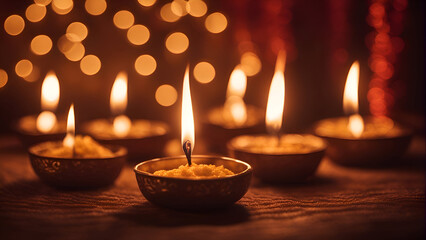 Burning diya lamps for diwali festival. selective focus