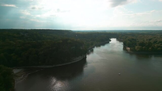 Aerial wide drone shot of Starved Rock State Park and illinois river