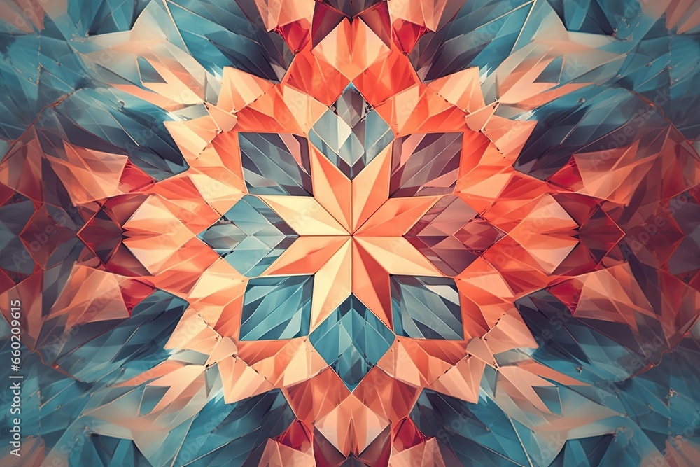 Poster abstract geometric background: kaleidoscope of 3d shapes floating in infinite space, generative ai