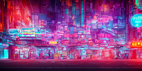 downtown busy urban night nightlife rain reflection neon city wet illustration - obrazy, fototapety, plakaty