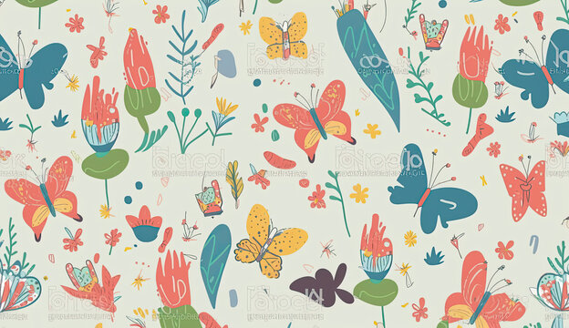 Kids painting flowers crayons. Doodle scribble floral elements and butterfly, children style garden drawing. Nature classy vector seamless pattern